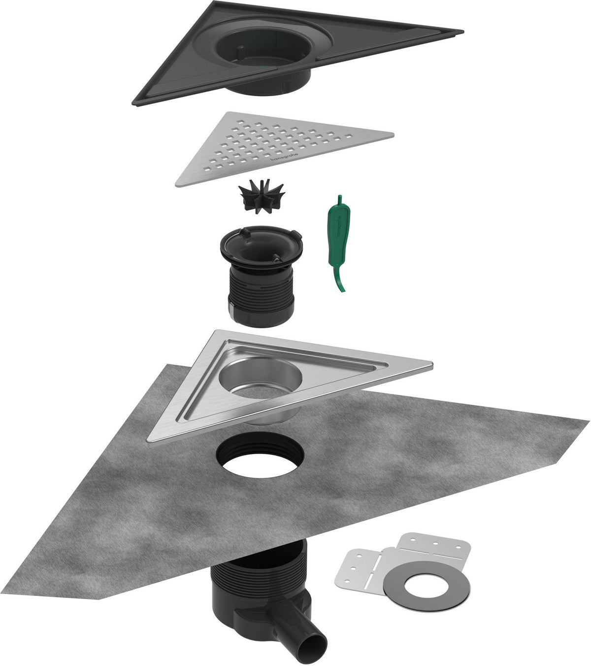 hansgrohe RainDrain Corner Komplettset Punktablauf 240/240, Edelstahl gebürstet – rahmenloses Design, DN40, höhenverstellbar