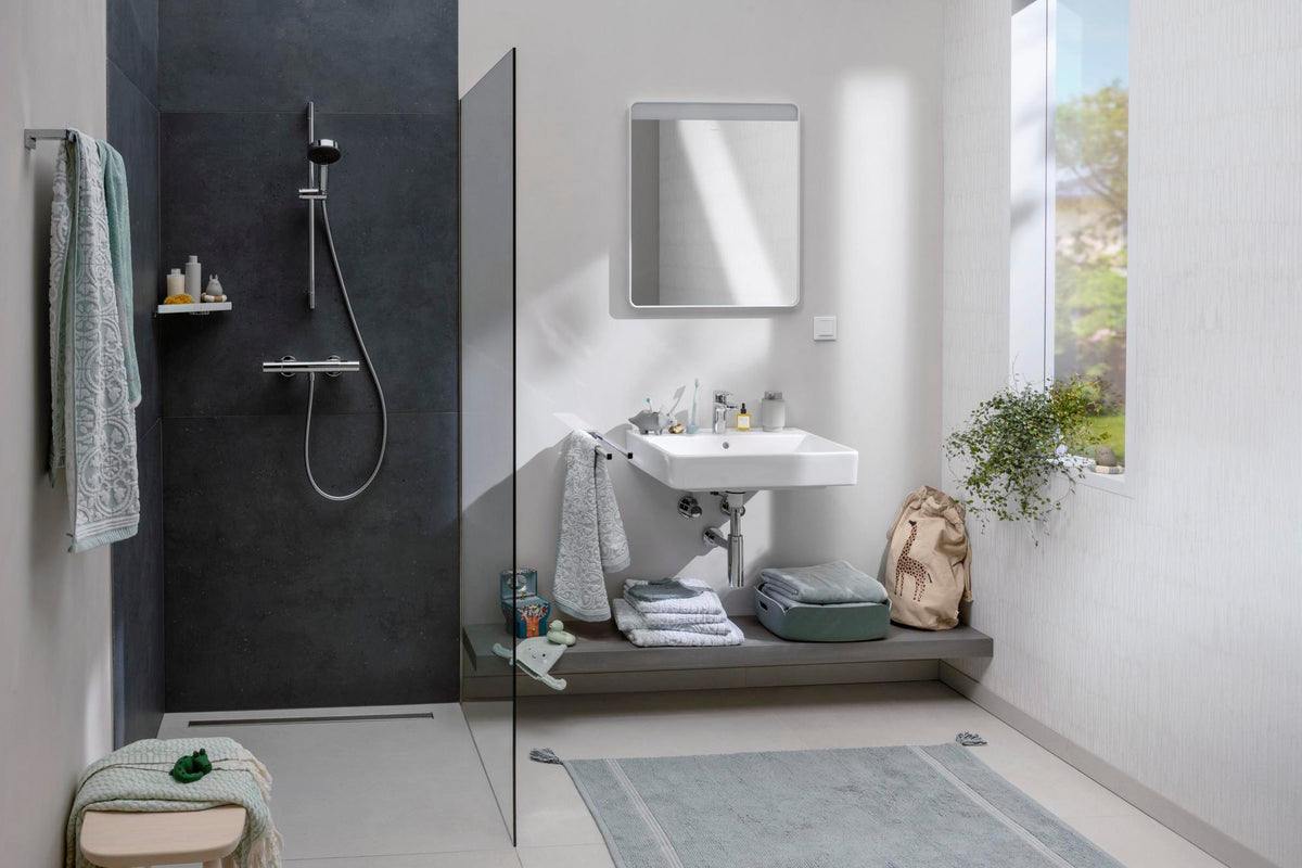 HANSGROHE RainDrain Compact Duschrinne 1200 mm Komplettset – Edelstahl, flache Installation, DN 40