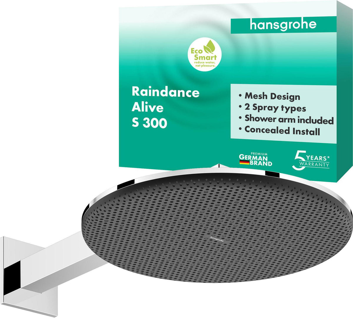 Hansgrohe Raindance Alive S 300 2jet EcoSmart Kopfbrause mit Brausearm – 300 mm, schwarz
