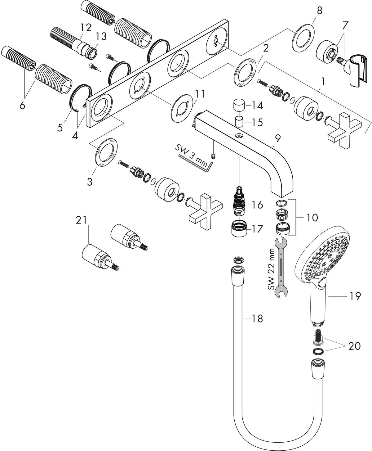 AXOR CITTERIO 3-Loch-Wannenarmatur DN 15 mit Platte, Handbrause & Wanneneinlauf, chrom