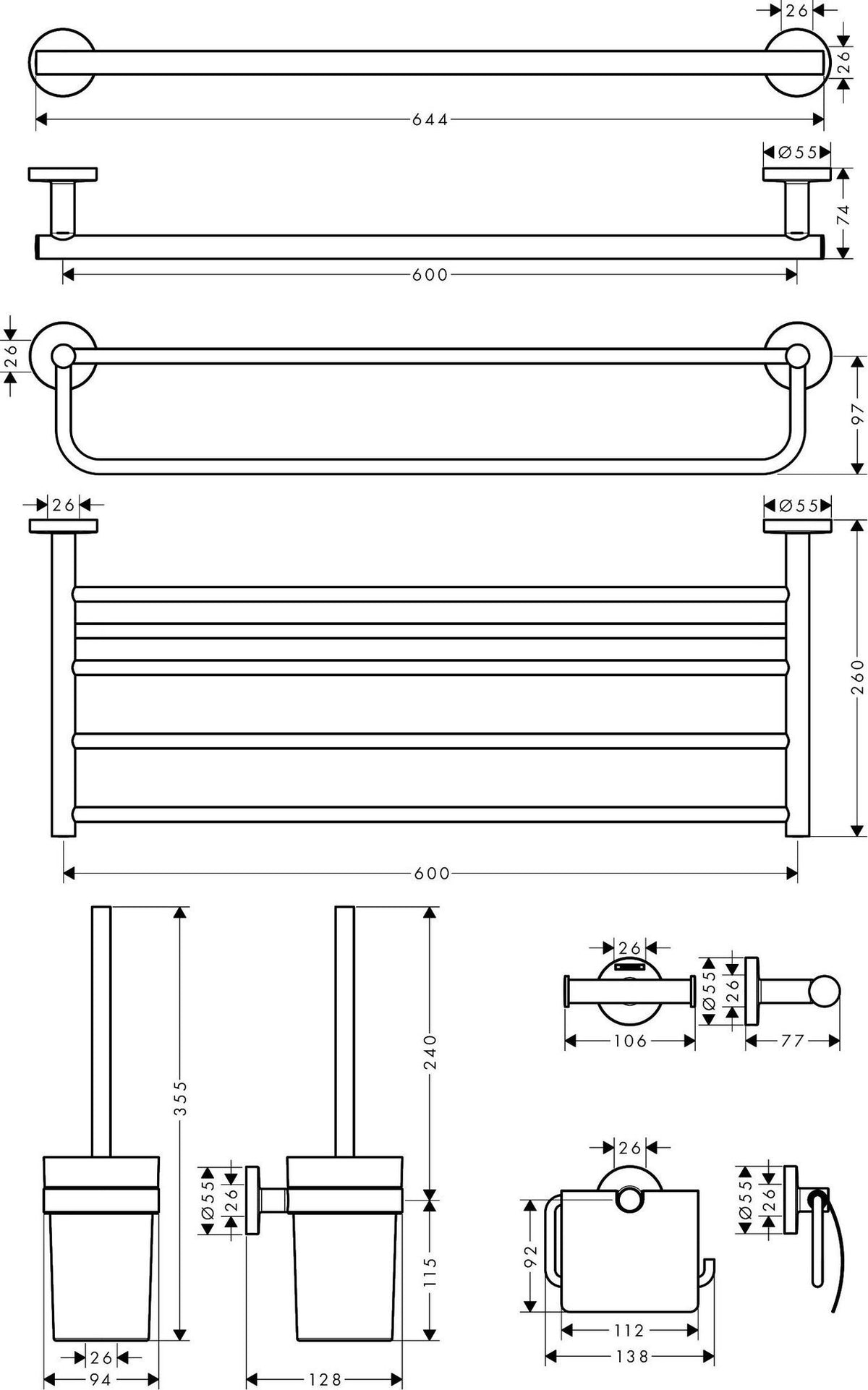 HANSGROHE Logis Universal Bad-Accessoire-Set 5-teilig in Chrom – Handtuchhalter, Papierrollenhalter, WC-Bürste & Haken