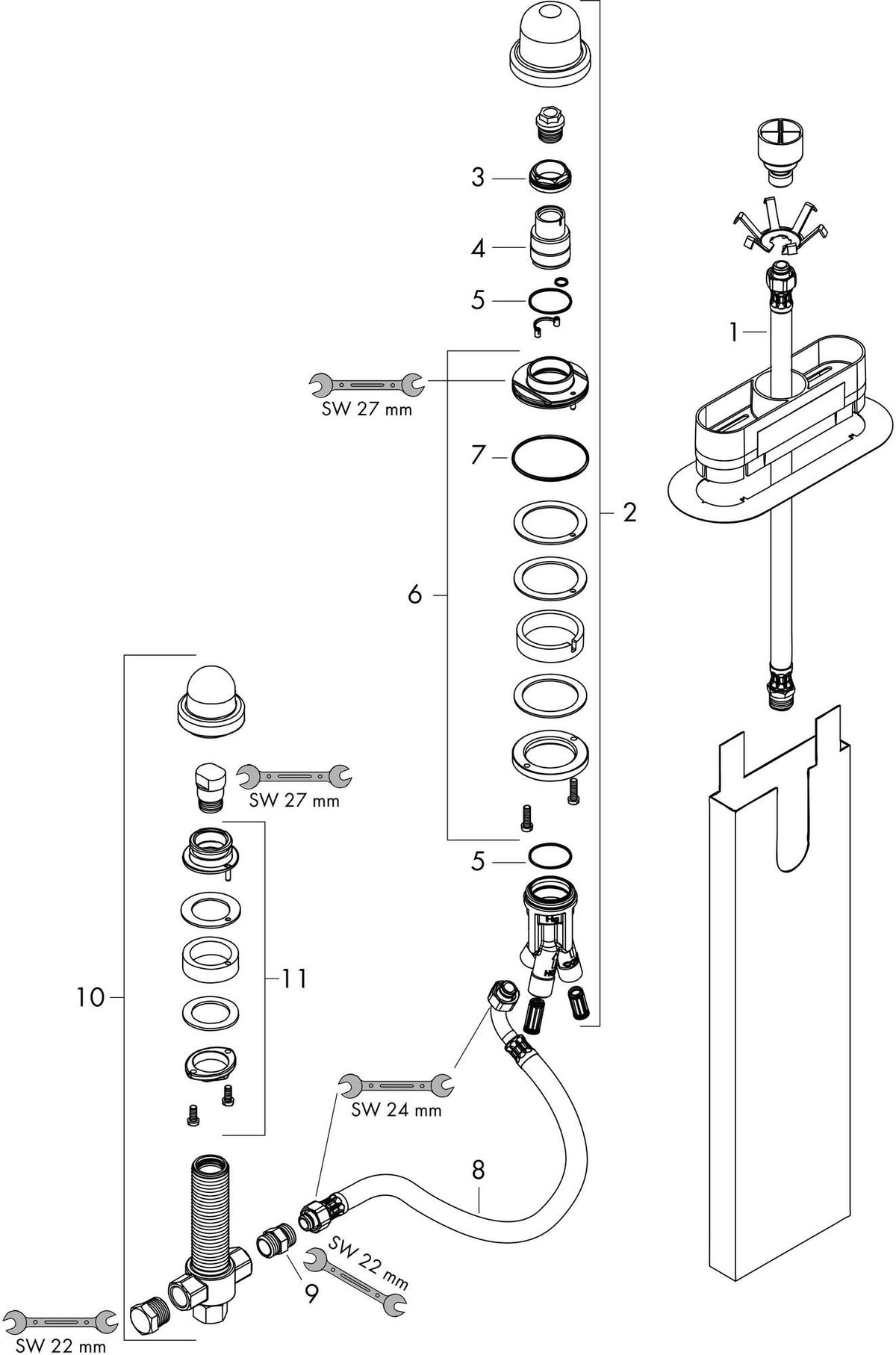 AXOR Grundkörper für 3-Loch-Wannenrandarmatur mit sBox von Hansgrohe – Thermostatisch, 463 mm