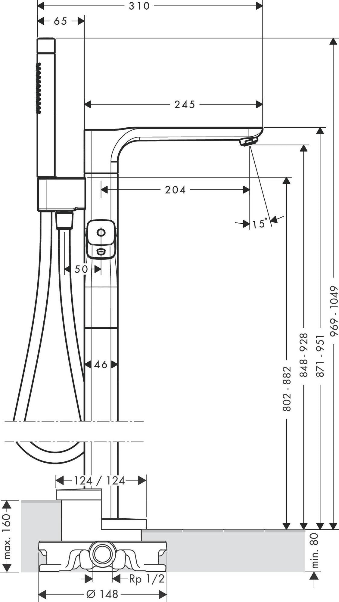 AXOR URQUIOLA Wannenthermostat DN 15 bodenstehend Chrom – Thermostatkartusche & 2 Verbraucher