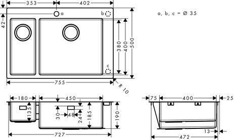 HANSGROHE Einbauspüle S71 Edelstahl 180 x 450 mm – 2 Becken, flächenbündig
