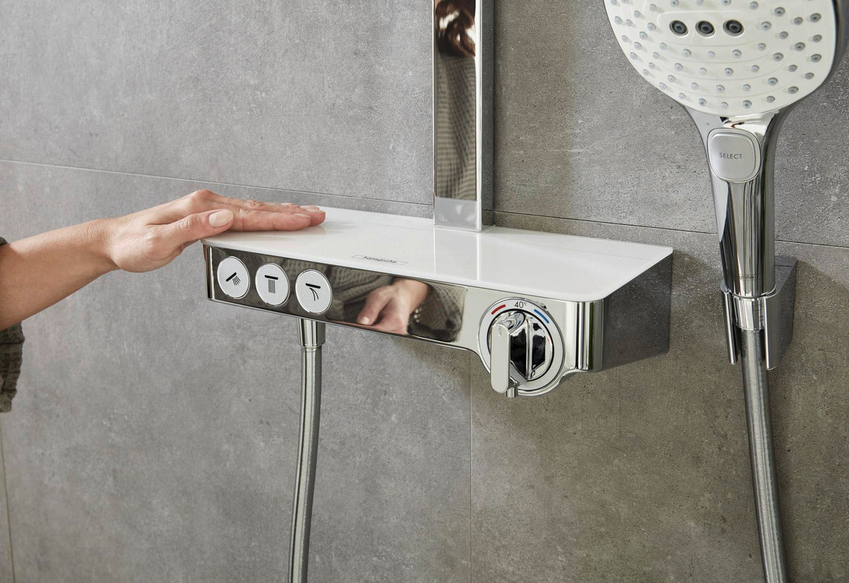 HANSGROHE Showerpipe RAINDANCE SELECT E 300 3jet ST DN 15 chrom – Duschsystem mit Thermostat ShowerTablet Select 300