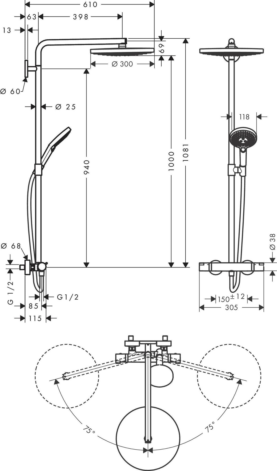 HANSGROHE Raindance Select S 300 Showerpipe Duschsystem mit 2 Strahlarten, Thermostat und 300 mm Kopfbrause in Chrom