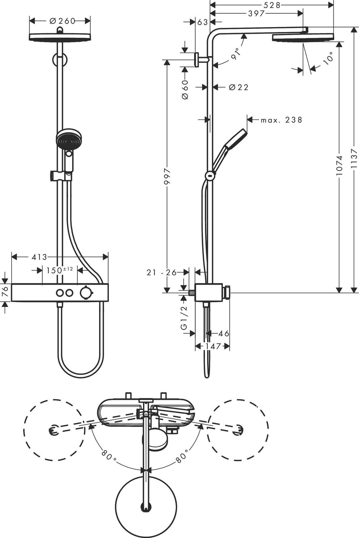 HANSGROHE Pulsify S Showerpipe 260 1jet mit Brausethermostat Chrom – Duschsystem
