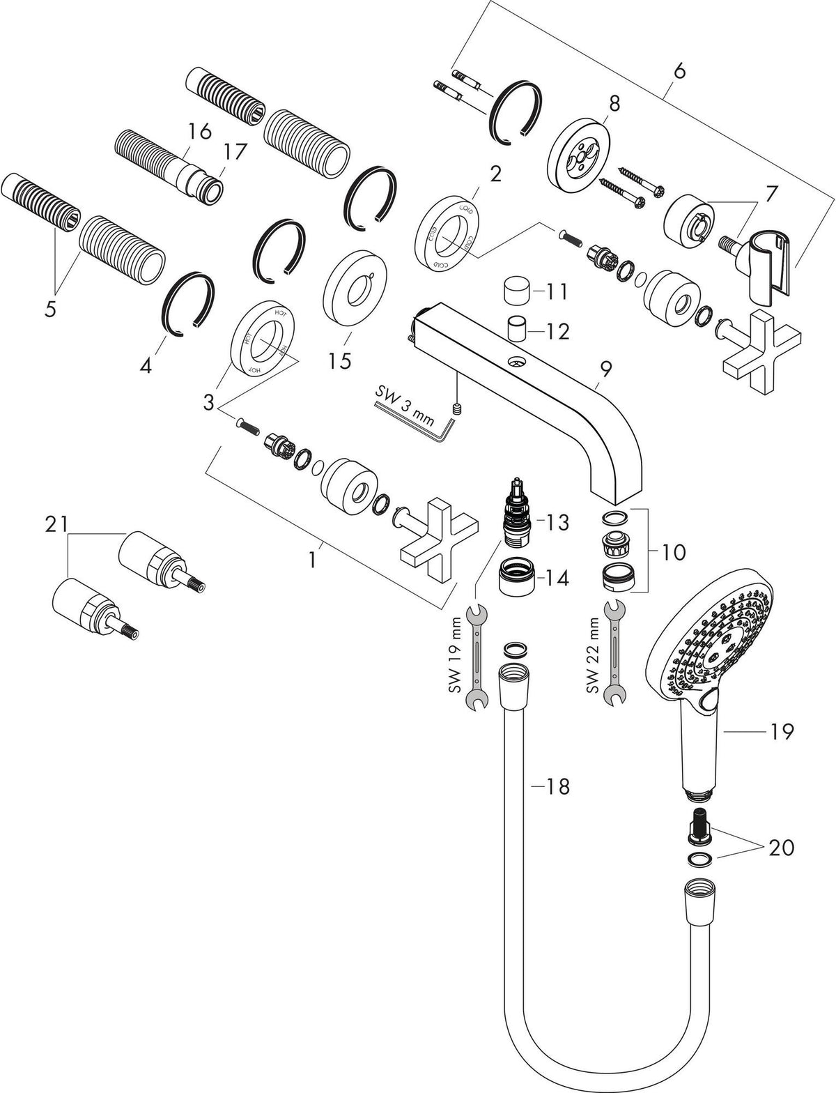 AXOR CITTERIO 3-Loch-Wannenarmatur DN 15 Unterputz mit Handbrause und Kreuzgriff Chrom