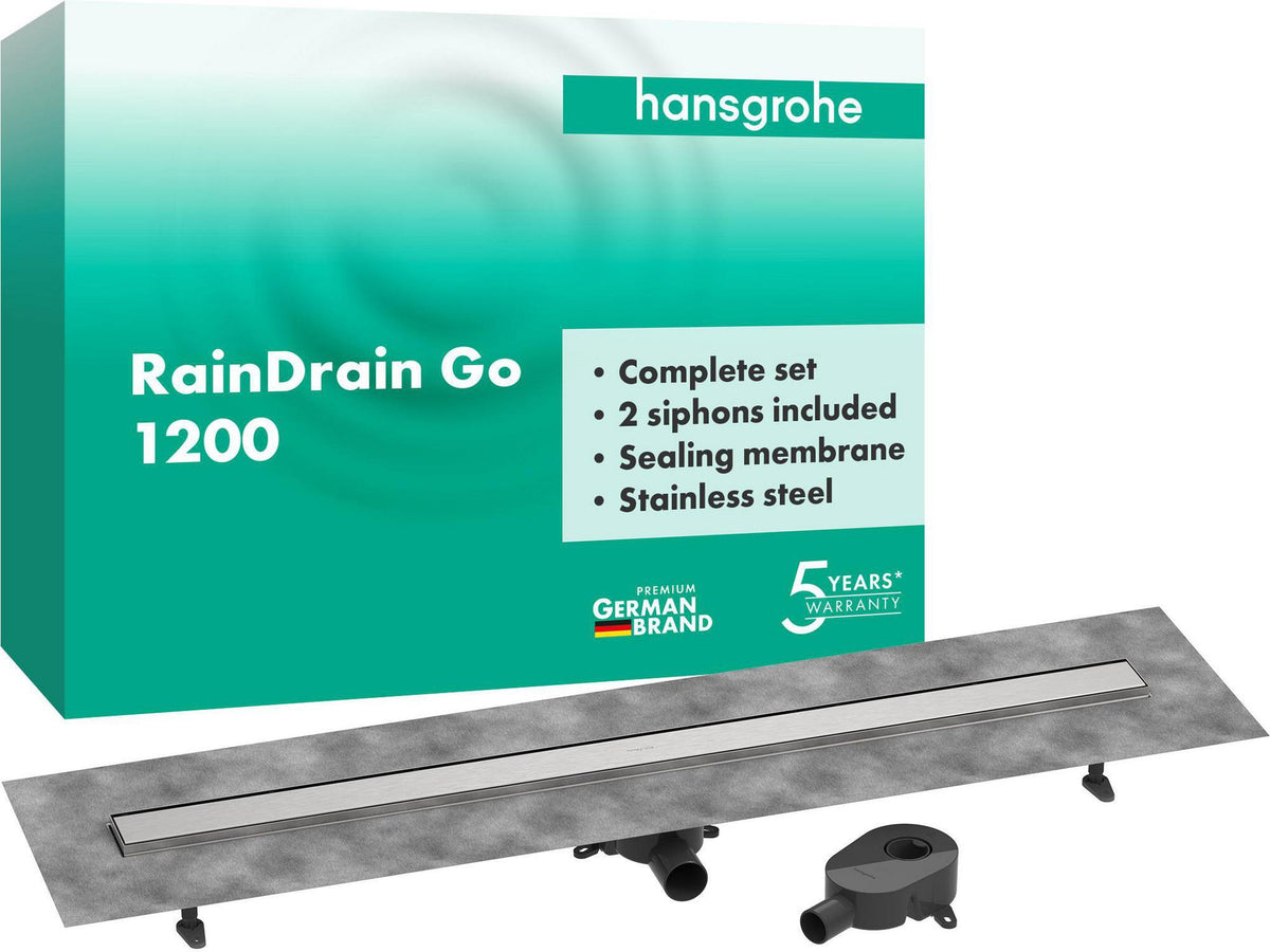 Hansgrohe RainDrain Go Komplettset Duschrinne 1200 mm rückseitig befliesbar für Stand- und flache Installation