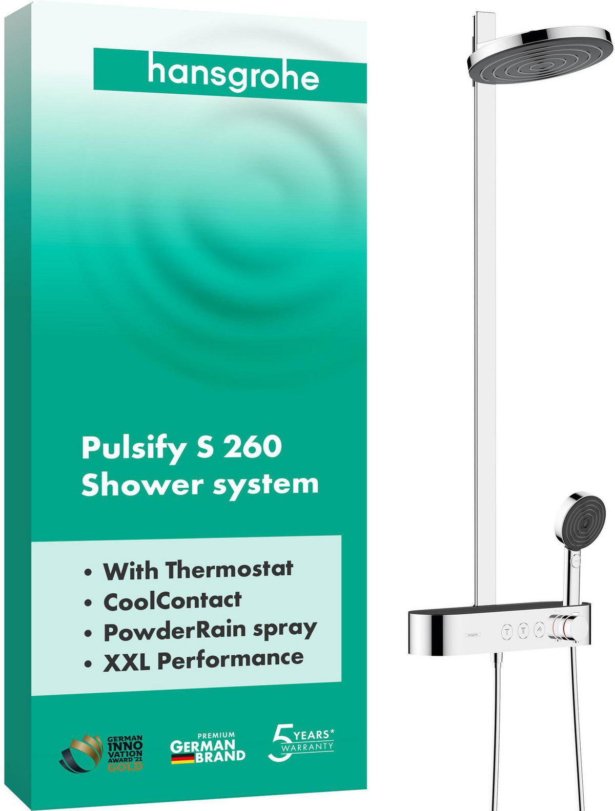 HANSGROHE Showerpipe Pulsify 260 2jet mit Brausethermostat – Chrom, PowderRain & CoolContact