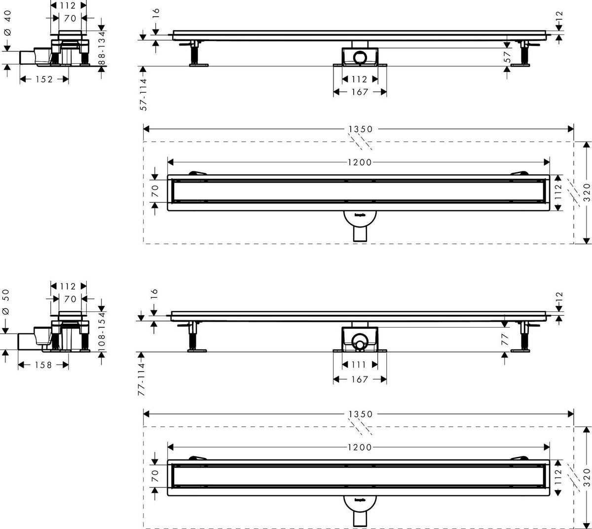 Hansgrohe RainDrain Go Komplettset Duschrinne 1200 mm rückseitig befliesbar für Stand- und flache Installation