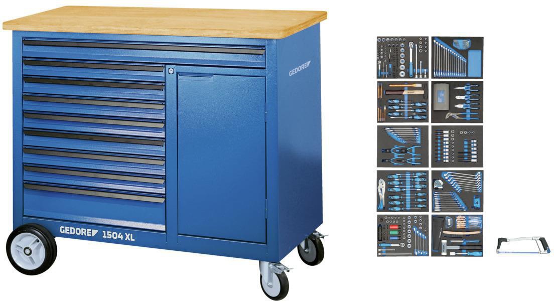 GEDORE Rollwerkbank 1504 XL – 7 Schubladen, 1000 kg, 1250 mm, Multiplex-Buchenholz