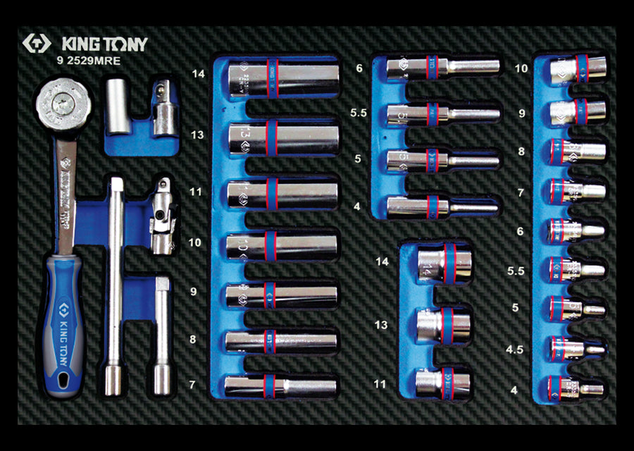 KING TONY Profi-Werkzeuge - 1/4" Steckschlüssel-Set, metrisch, EVAWAVE, mit Zubehör - 29 tlg. 92529MRE
