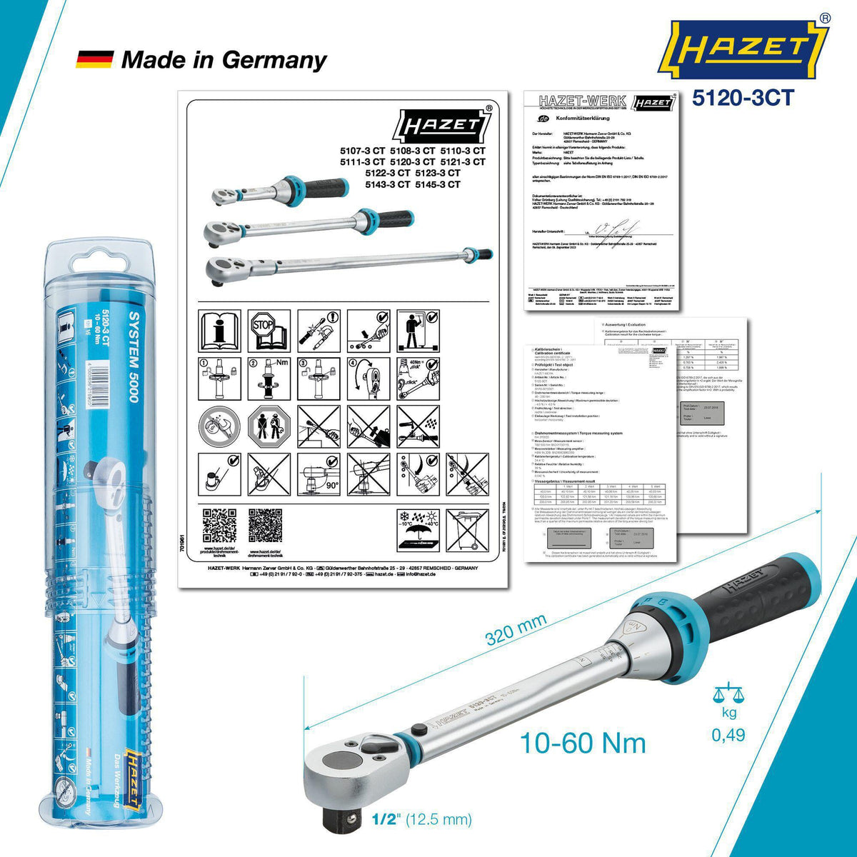 HAZET Drehmomentschlüssel 5107-3 CT 1/4 Zoll 1-9 Nm mit Umschaltknarre und Kalibrierschein