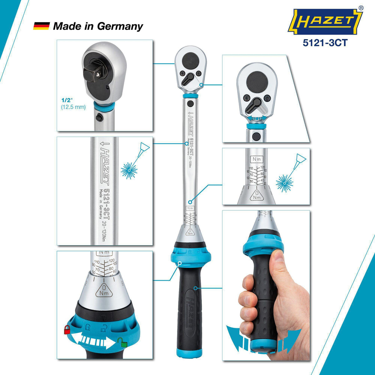 HAZET Drehmomentschlüssel 5107-3 CT 1/4 Zoll 1-9 Nm mit Umschaltknarre und Kalibrierschein