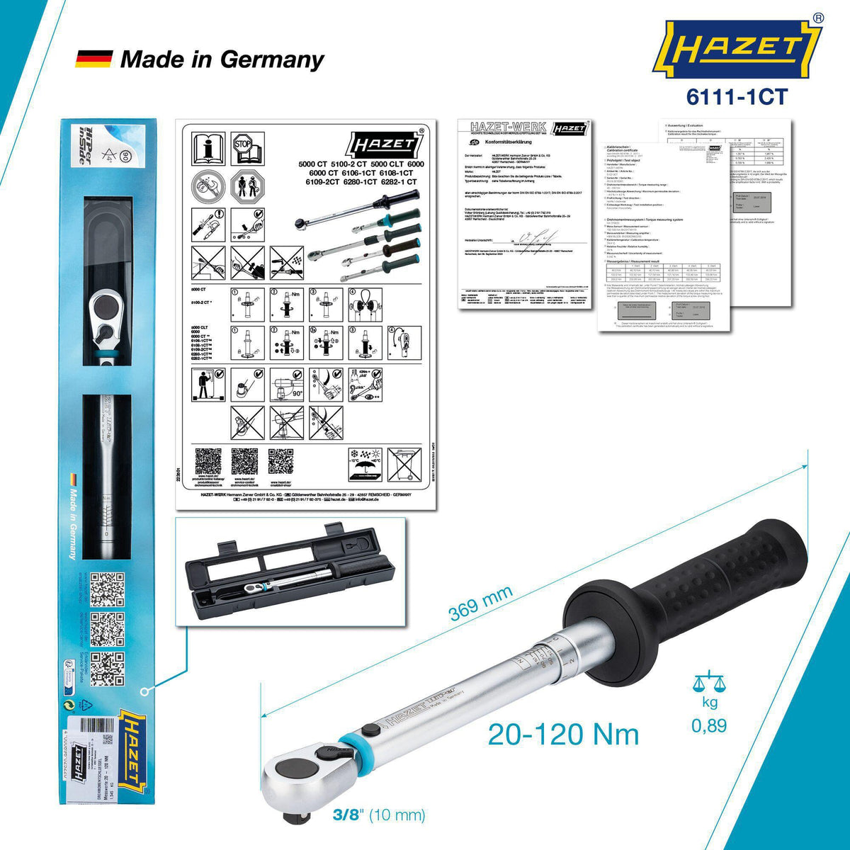 HAZET Drehmomentschlüssel 6111-1CT 3/8 Zoll 20-120 Nm mit Umschaltknarre und Kalibrierschein
