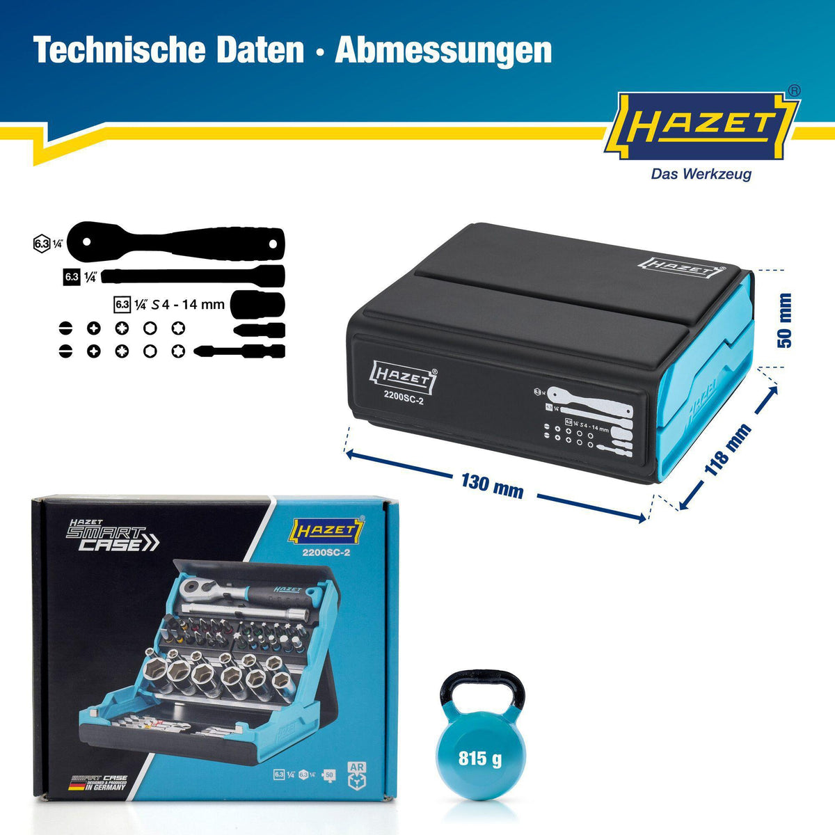 HAZET Steckschlüssel- und Bitsortiment SmartCase 2200SC-2, 50-teilig, 1/4″
