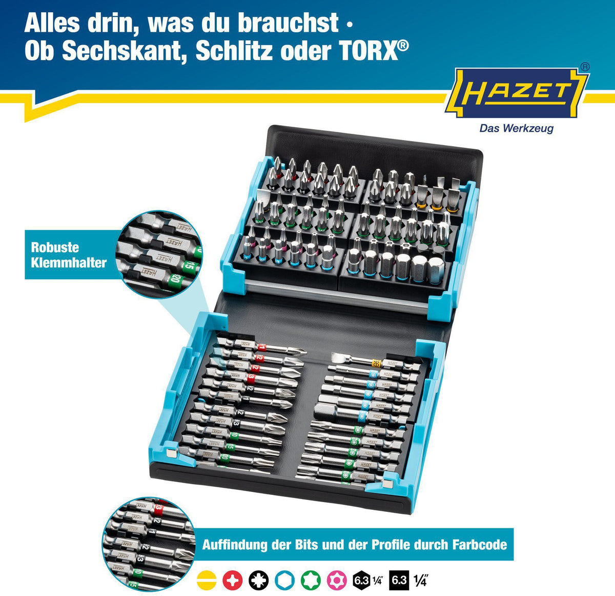 HAZET Bitsortiment SmartCase 2200SC-3 96-teilig mit Farbcode für Schlitz, PH, PZ, TX und Innen-6Kt.