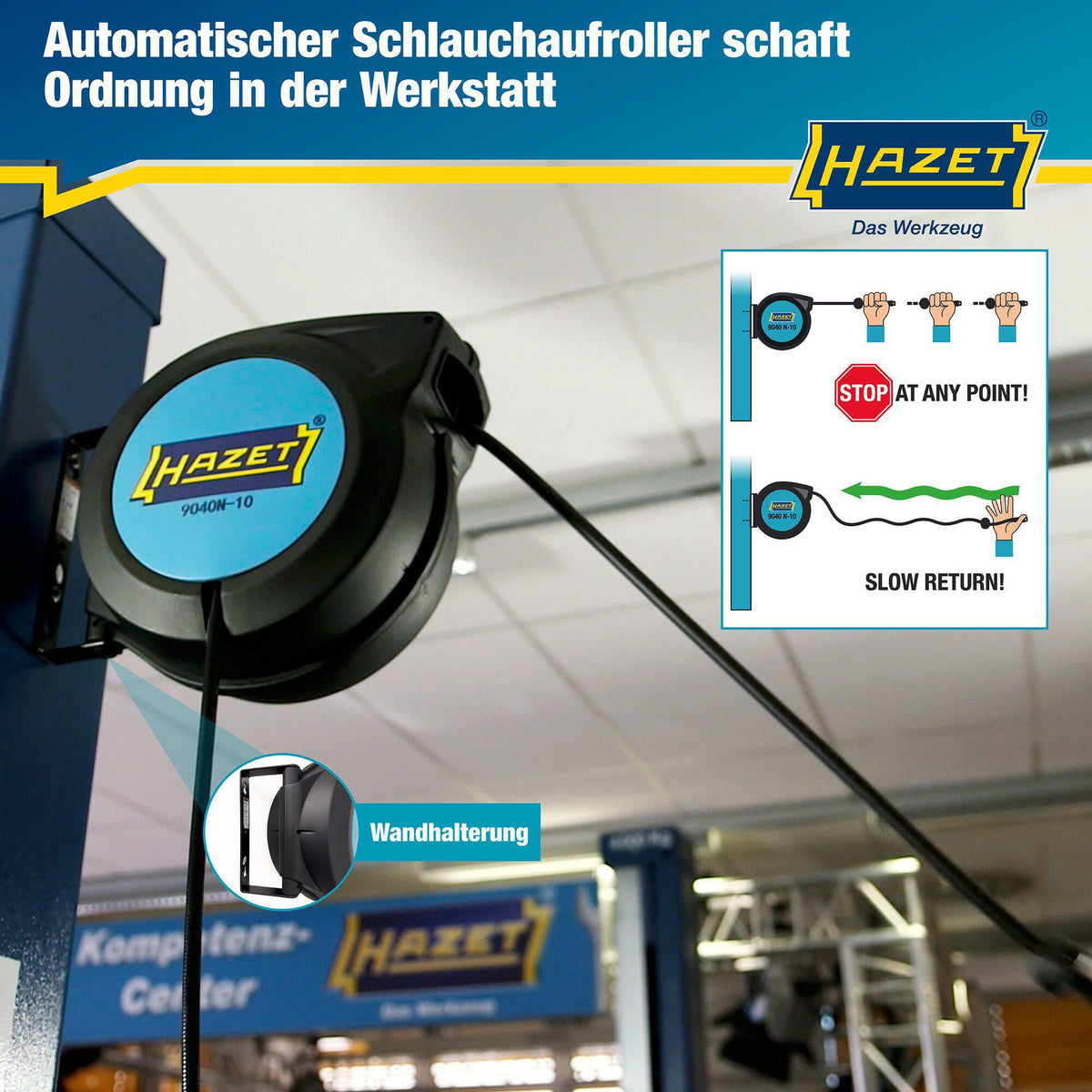 HAZET Druckluftschlauchtrommel 9040N-10 für Druckluft und Wasser, 15 m, automatisch