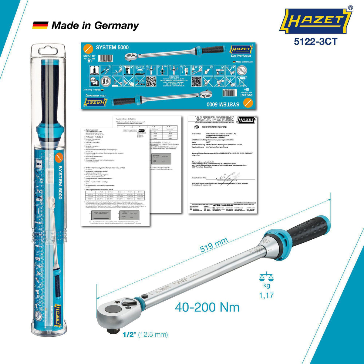 HAZET Drehmomentschlüssel 5107-3 CT 1/4 Zoll 1-9 Nm mit Umschaltknarre und Kalibrierschein