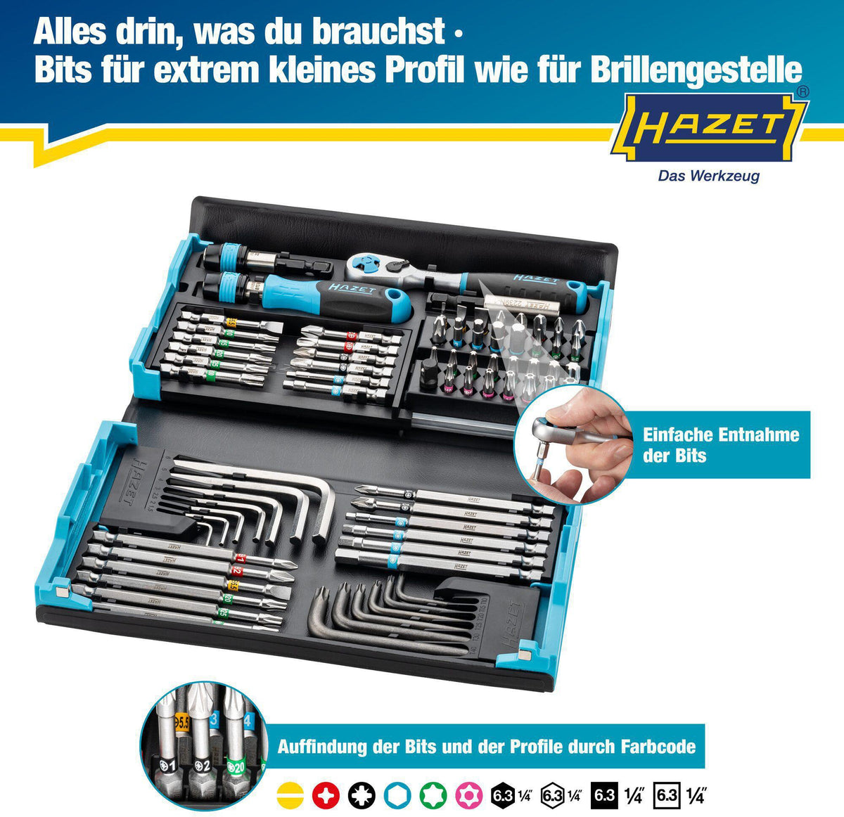 HAZET Bitsortiment SmartCase 2200SC-31, 73-teilig, Schlitz/PH/PZD/TX/Innen-6Kt. mit Farbcode