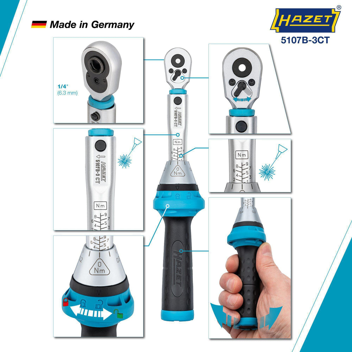 HAZET Drehmomentschlüssel 5107B-3CT 1/4 Zoll 1-9 Nm mit Bit-Umschaltknarre