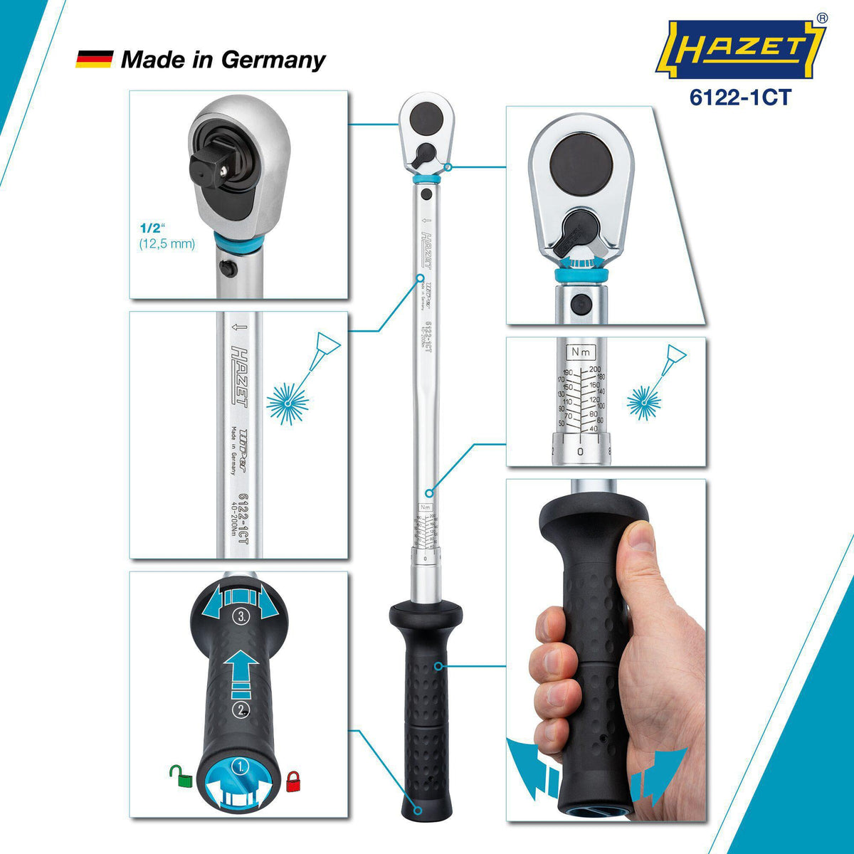HAZET Drehmomentschlüssel 6111-1CT 3/8 Zoll 20-120 Nm mit Umschaltknarre und Kalibrierschein
