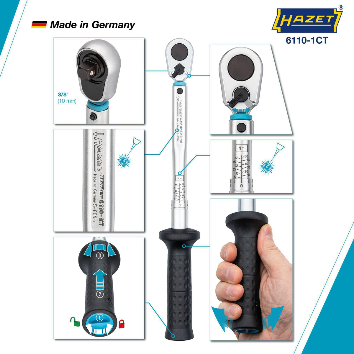 HAZET Drehmomentschlüssel 6111-1CT 3/8 Zoll 20-120 Nm mit Umschaltknarre und Kalibrierschein