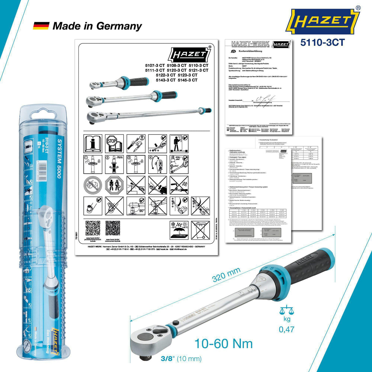 HAZET Drehmomentschlüssel 5107-3 CT 1/4 Zoll 1-9 Nm mit Umschaltknarre und Kalibrierschein