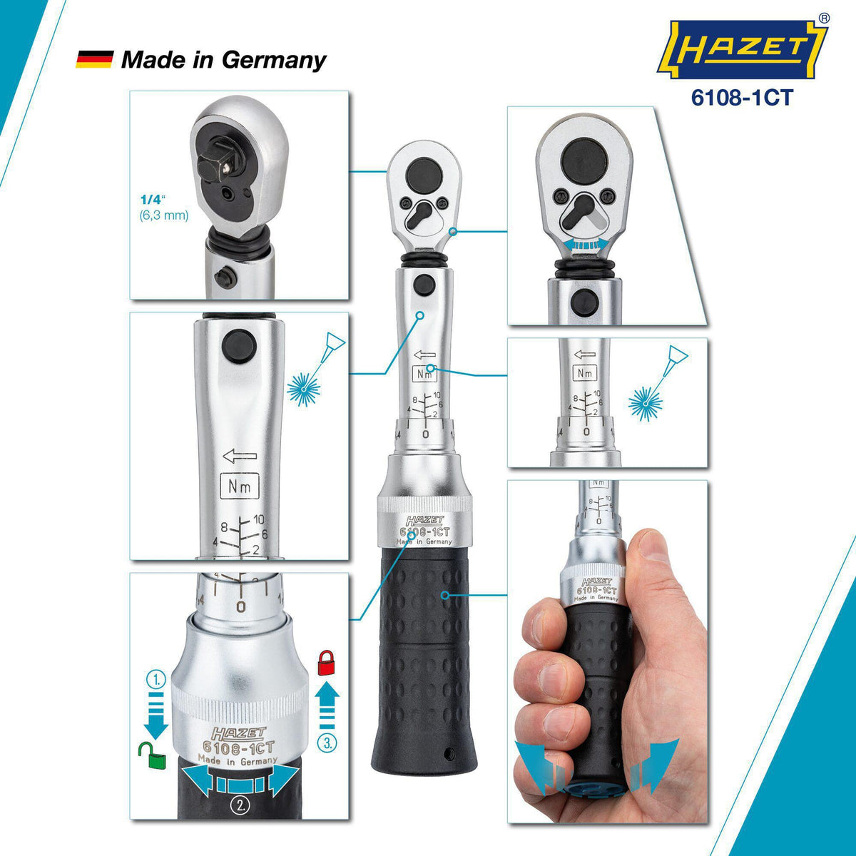 HAZET Drehmomentschlüssel 6108-1CT 1/4 Zoll 2-10 Nm mit Umschaltknarre und Kalibrierschein
