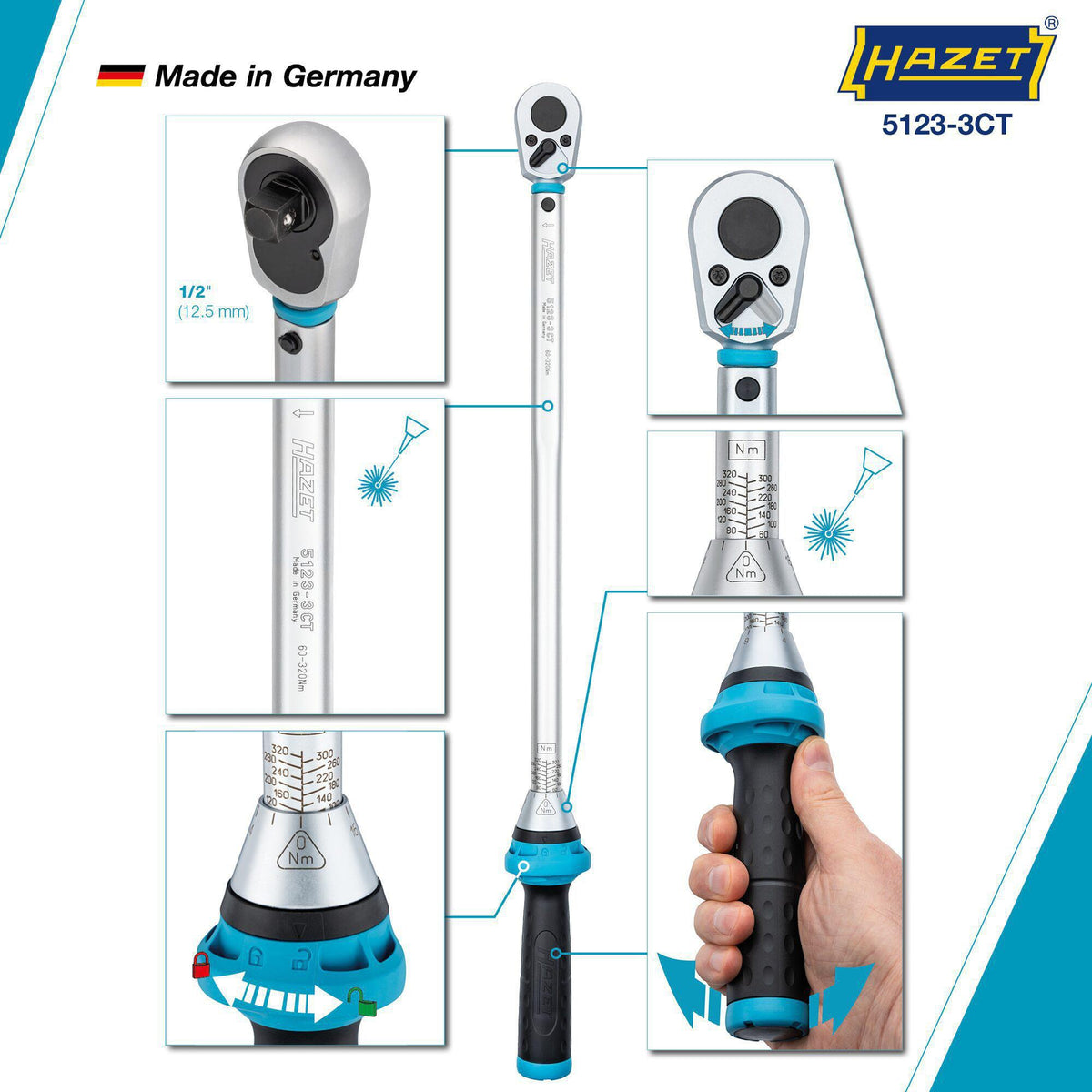 HAZET Drehmomentschlüssel 5107-3 CT 1/4 Zoll 1-9 Nm mit Umschaltknarre und Kalibrierschein