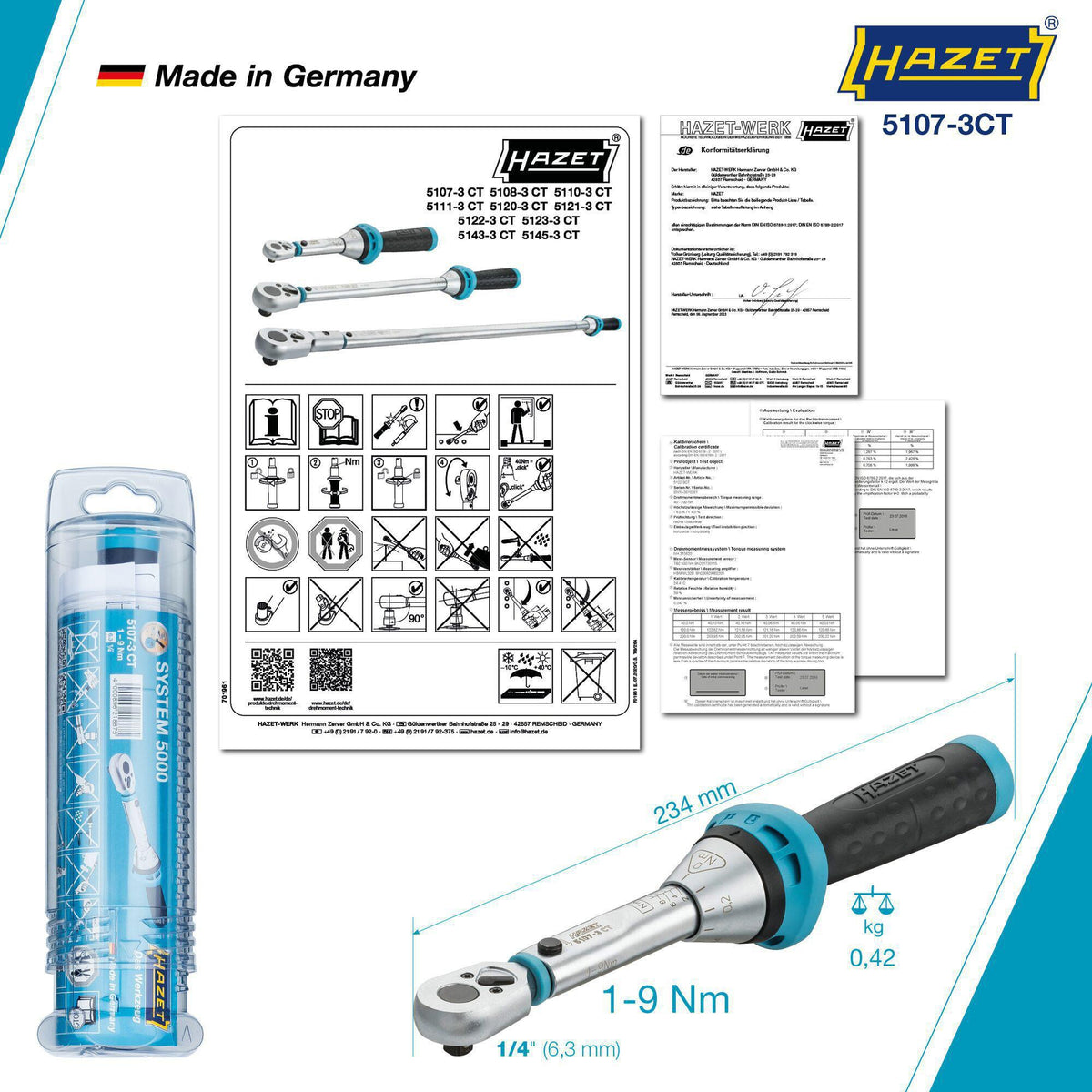 HAZET Drehmomentschlüssel 5107-3 CT 1/4 Zoll 1-9 Nm mit Umschaltknarre und Kalibrierschein