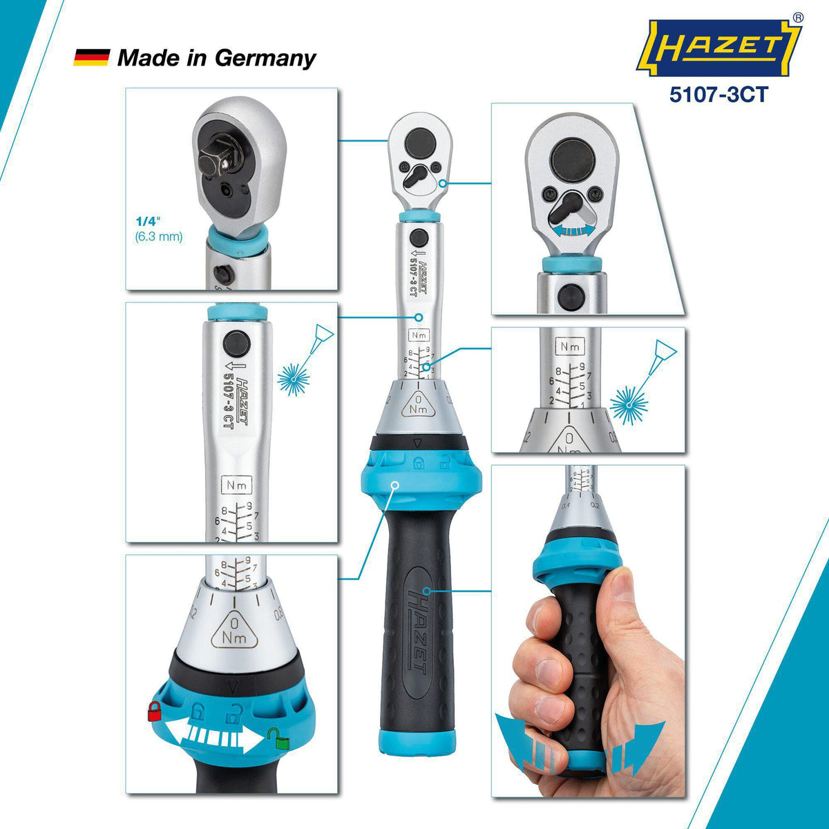 HAZET Drehmomentschlüssel 5107-3 CT 1/4 Zoll 1-9 Nm mit Umschaltknarre und Kalibrierschein