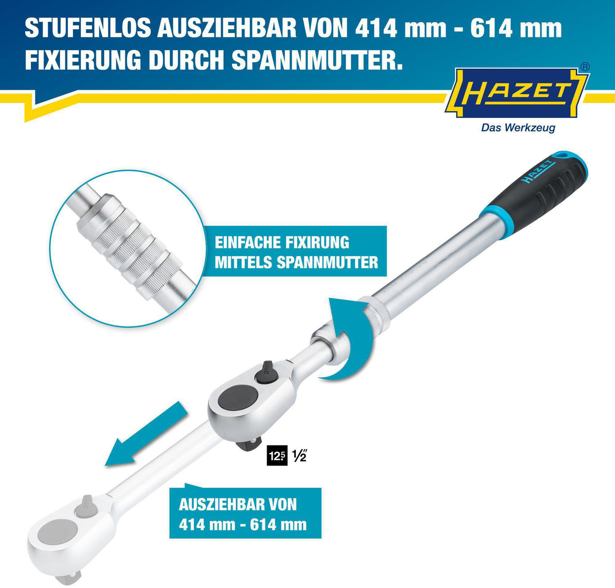 HAZET Teleskopknarre 916HPLG 1/2 Zoll 90 Zähne Umschalthebel 414-614 mm