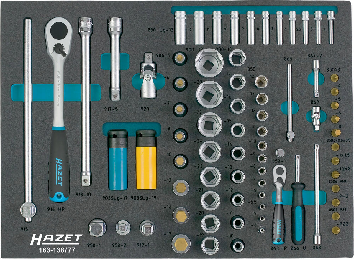 HAZET Werkzeugmodul 163-138/77 – 77-teiliger Steckschlüsselsatz 1/4" + 1/2"