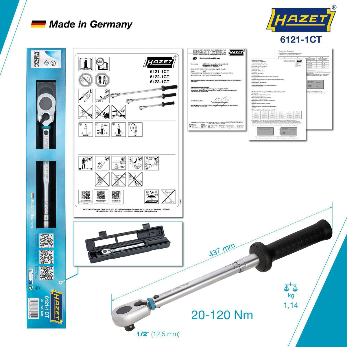 HAZET Drehmomentschlüssel 6111-1CT 3/8 Zoll 20-120 Nm mit Umschaltknarre und Kalibrierschein