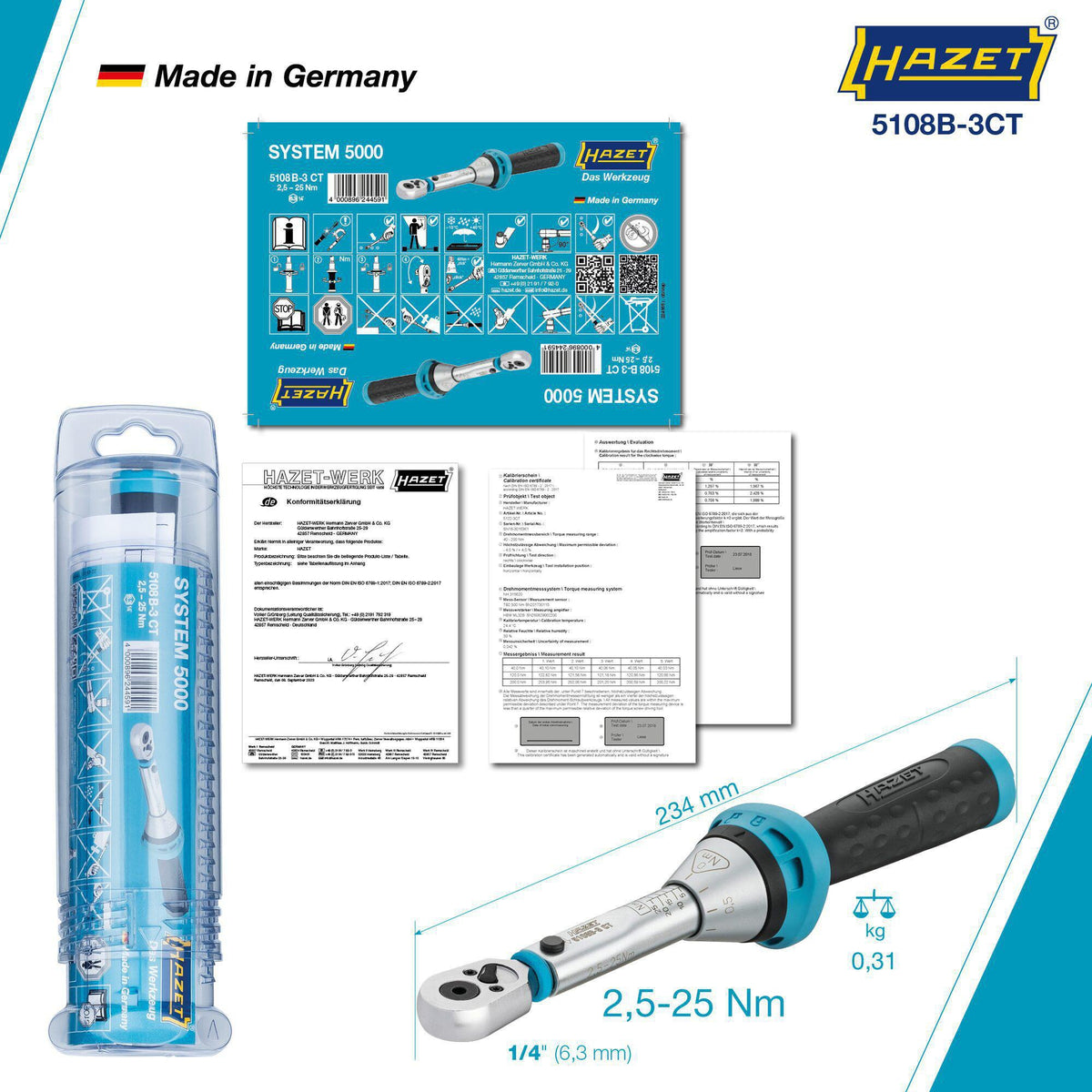 HAZET Drehmomentschlüssel 5107B-3CT 1/4 Zoll 1-9 Nm mit Bit-Umschaltknarre