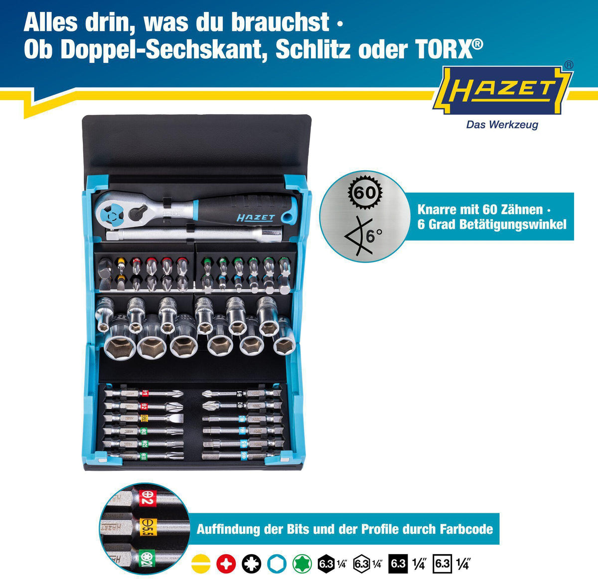 HAZET Steckschlüssel- und Bitsortiment SmartCase 2200SC-2, 50-teilig, 1/4″