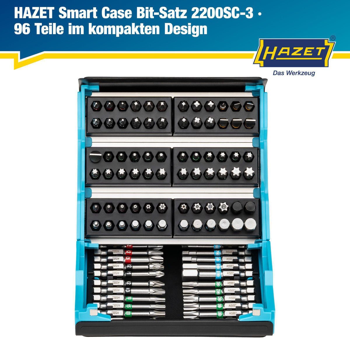 HAZET Bitsortiment SmartCase 2200SC-3 96-teilig mit Farbcode für Schlitz, PH, PZ, TX und Innen-6Kt.