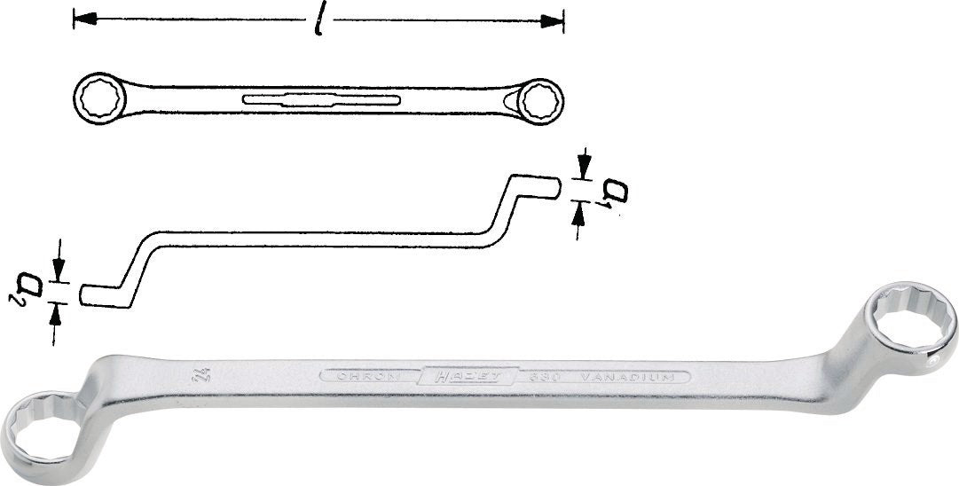 HAZET Doppelringschlüssel 630 12x13mm 220mm – tief gekröpft, CV-Stahl, verchromt
