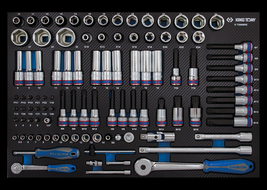 KING TONY Profi-Werkzeuge - 1/4"+ 3/8" + 1/2" Steckschlüssel-Set, mit Zubehör - 98 tlg. 97398MRE