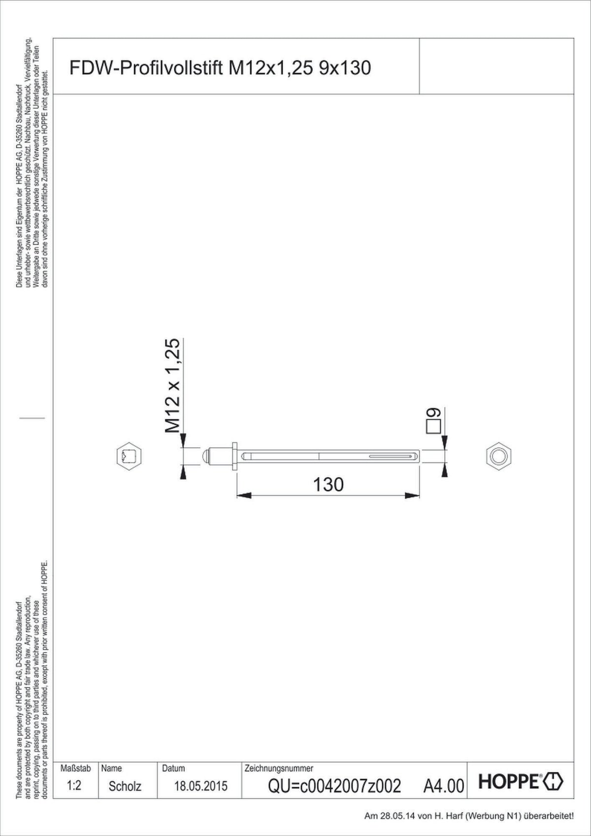 HOPPE Vierkantstift STI-PRV-FDW-M12, 9 x 130 mm, verzinkt, mit gehärteter Flachfeder