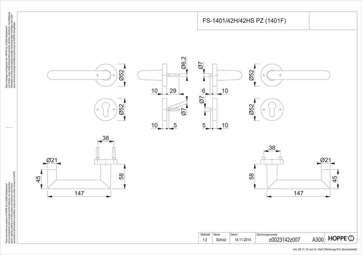 HOPPE Feuerschutz-Antipanik-Türgriffgarnitur Rotterdam FS-1401/42H/42HS Aluminium F1
