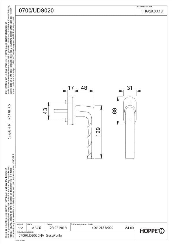 HOPPE Fenstergriff Hamburg 0700/UD9020 SecuForte® VarioFit® Alu F1 naturfarbig