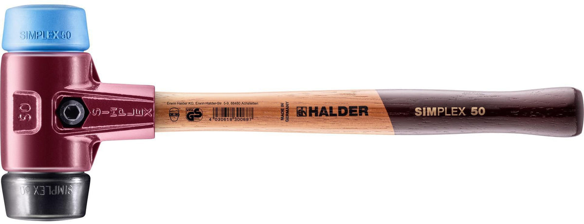 HALDER Schonhammer SIMPLEX 300 mm Holzstiel, TPE-soft blau/Gummi schwarz, 30 mm Kopf