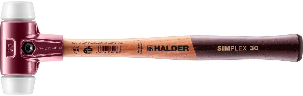 HALDER SIMPLEX Schonhammer 350 mm, Superplastik weiß, mittelhart, Holzstiel