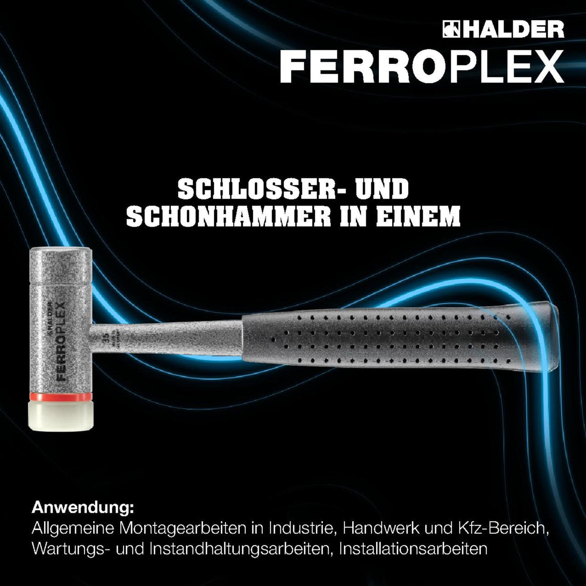 HALDER FERROPLEX Schon- und Schlosserhammer 290 mm Stahlrohrstiel, harter Schlag, Nylon/Vergütungsstahl