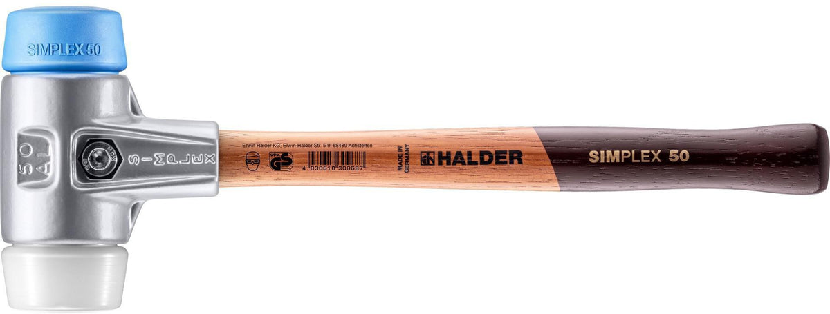 HALDER SIMPLEX Schonhammer 300 mm Holzstiel, Superplastik weiß/TPE-soft blau, Kopf-Ø 30 mm