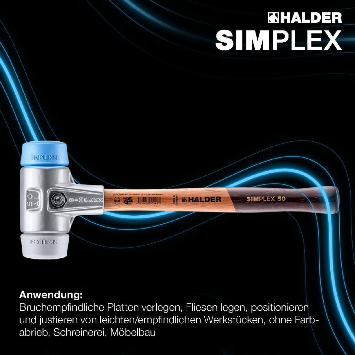 SIMPLEX Schonhammer 295 mm von HALDER – Weich/Mittelhart mit Holzstiel und TPE-Einsätzen