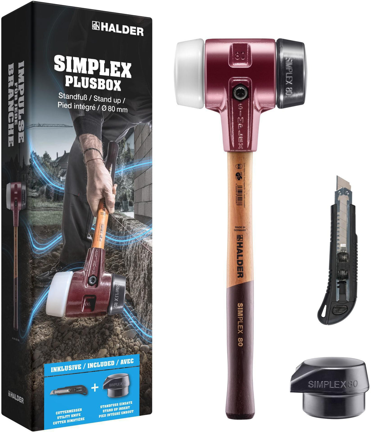SIMPLEX Schonhammer Plusbox Starterkit von HALDER, 60 mm Kopf, Gummi/Superplastik, lackierter Holzstiel